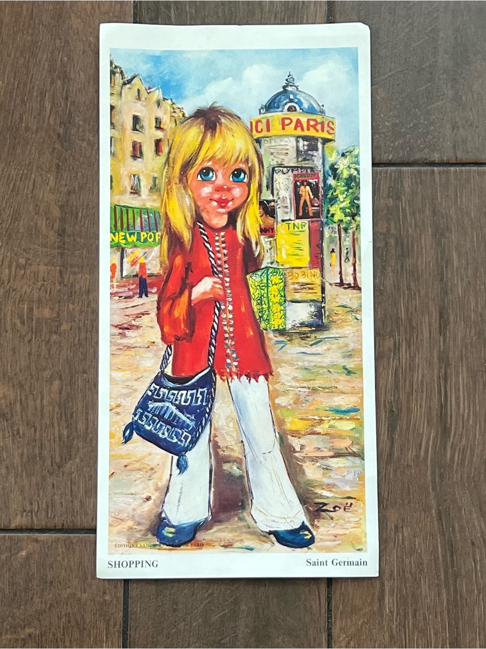 Vintage 70s French Paris Saint Germain Big Eye Hippie Girl Shopping by Zoe Art